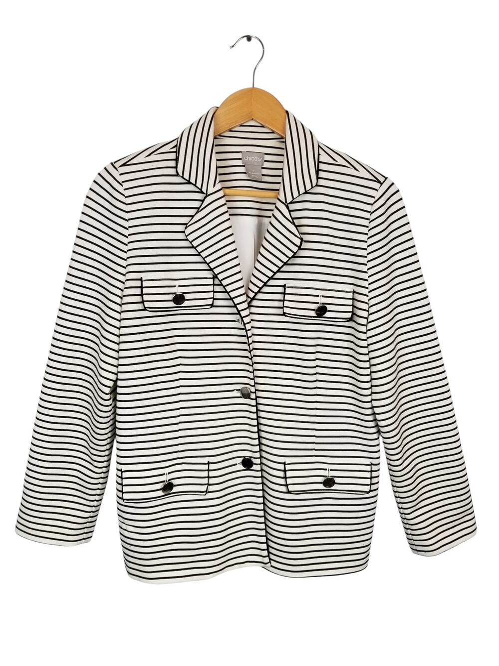 Chico's Women's Black White Striped Knit Blazer Jacket Nautical Size 8